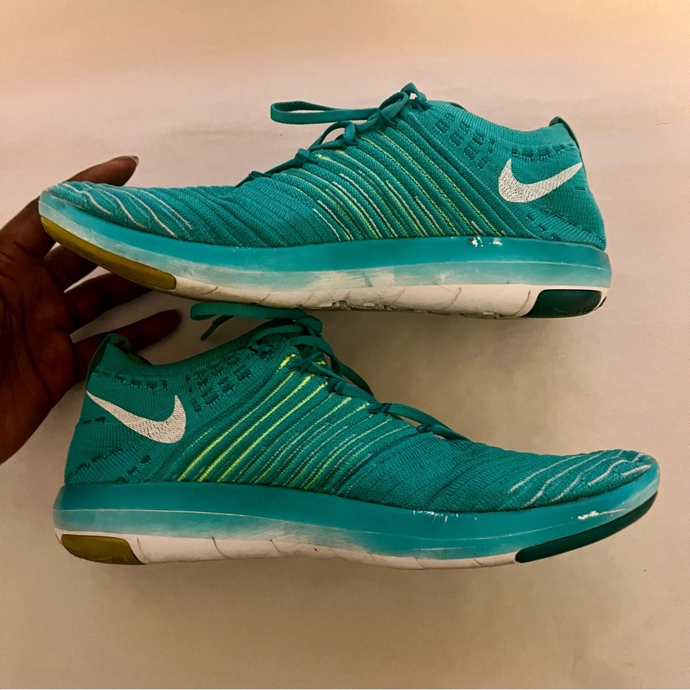 Nike Free Transform Flyknit Turquoise and Lime Knit Running Sneakers - Picture 8 of 11
